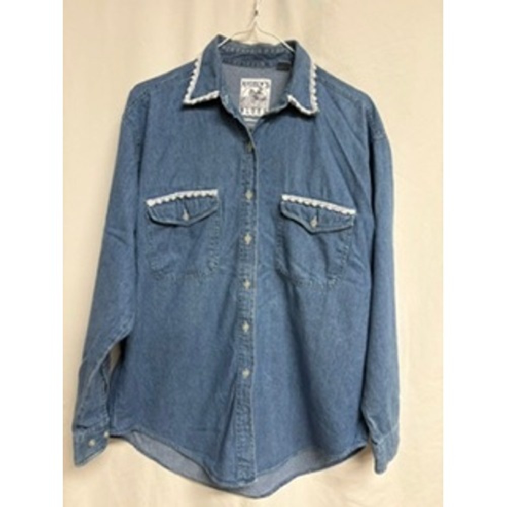 Andrew's Blues Denim Shirt Women Medium Cotton Lace Trim Button Down Cottagecore